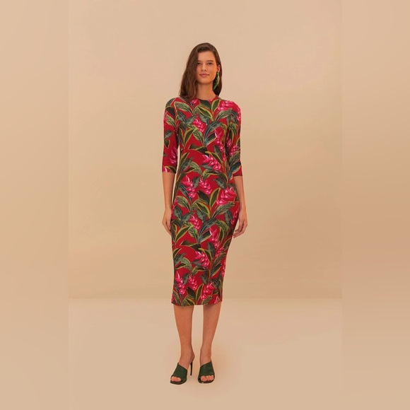 FARM Rio Red Dream Garden Jersey Midi Dress - Picture 1 of 4